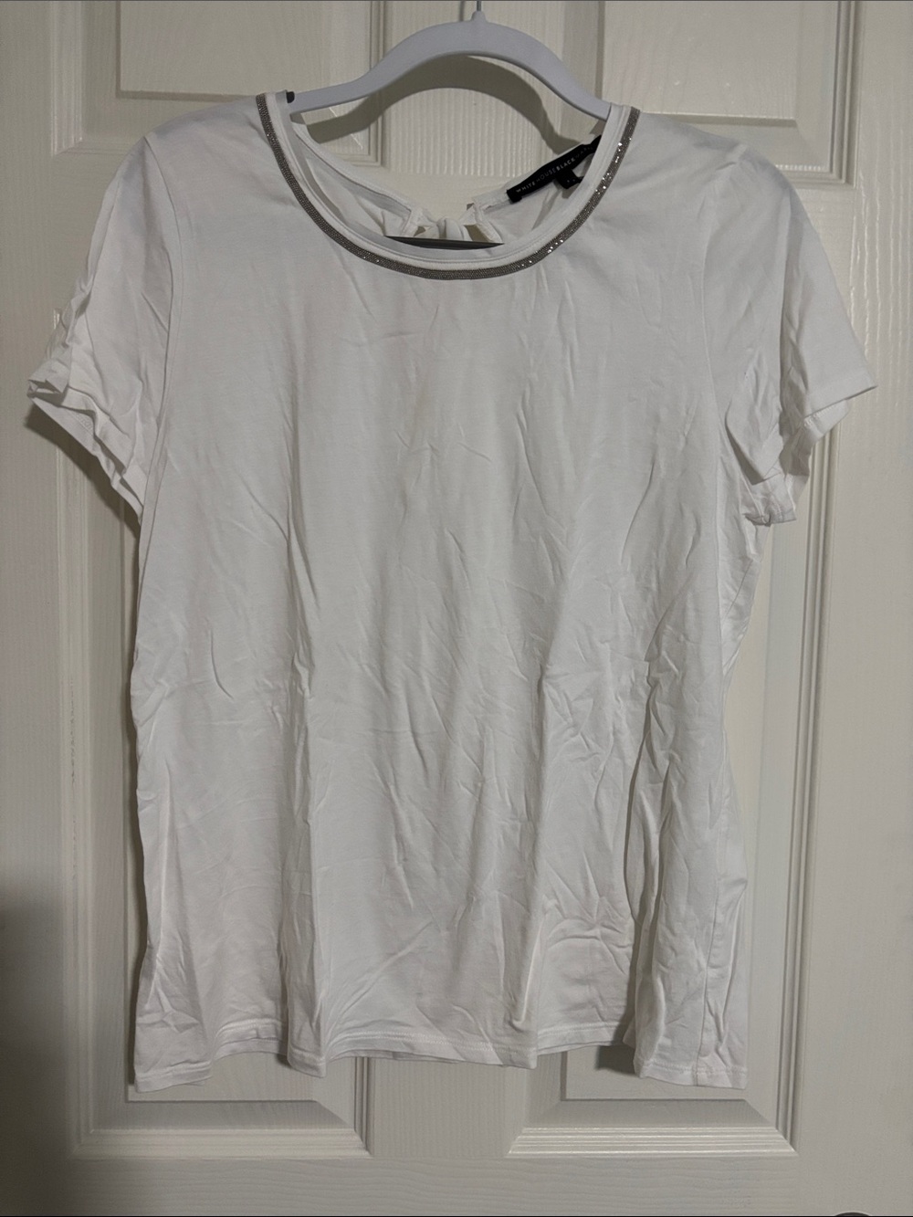 White House Black Market White Short Sleeve Tee with Silver Neck Trim